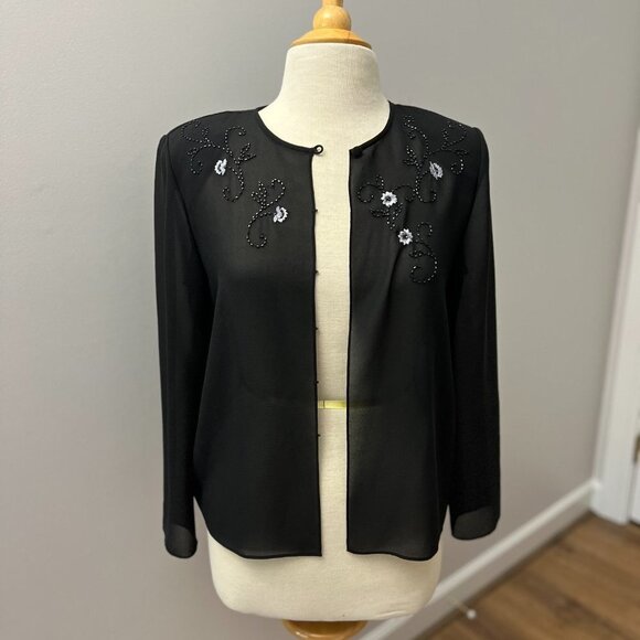 Adrianna Papell Evening Black Sheer Cardigan Blouse Beaded and Embroidered Sz PM - Picture 3 of 12